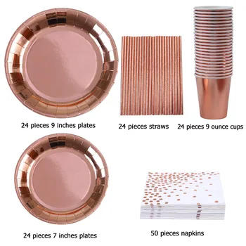 

146pcs Kitchen Cups Birthday Disposable Tableware Set Dessert Tray Dinner Paper Plates Party Baby Shower Metallic Foil Gold Dot