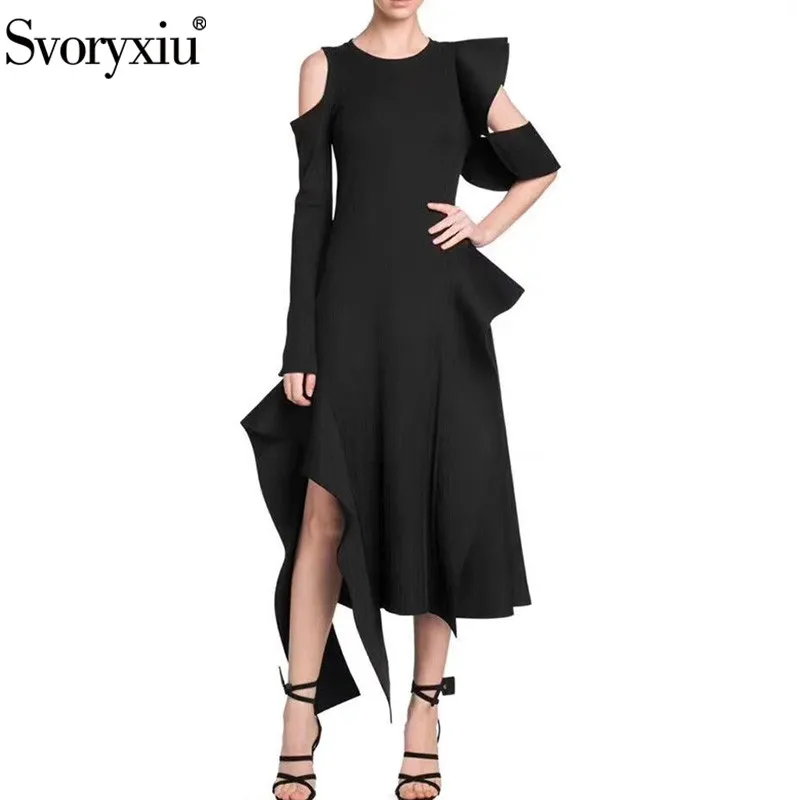 Svoryxiu дизайнерское осенне-зимнее черное платье с рюшами Женская мода с открытыми плечами асимметричные вечерние платья с рукавами элегантные платья миди