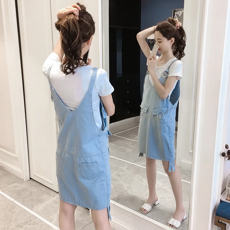 

Cowboy Strap Dress Summer Student Two-Piece Set Mid-length 2018 Korean-style Hipster Strapped Dress