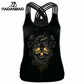 

NADANBAO Summer Skull Women Tank Top Skeleton Gold Cropped 3D Print Bandage Sleeveless Tops woman