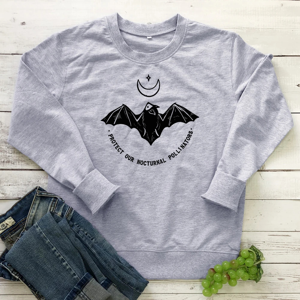 gray-black text Защитите наши ночные поллинаторы эко толстовка модная звезда Луна с принтом летучей мыши веганские пуловеры женские графические толстовки Топы - Цвет: gray-black text