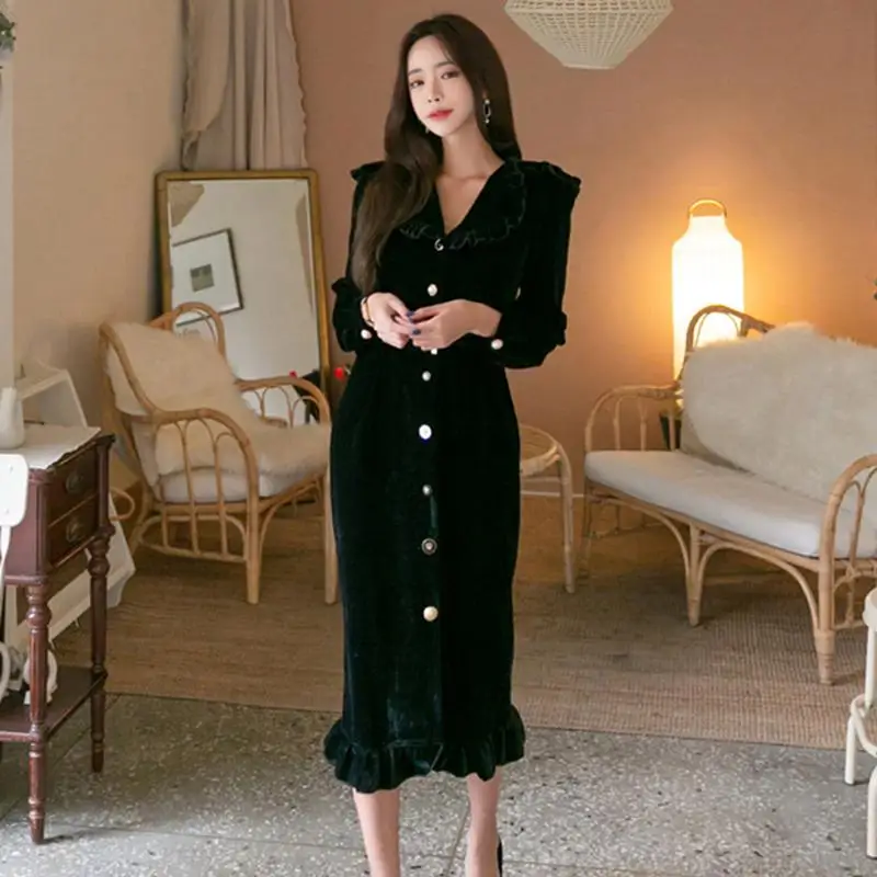 

Winter Vintage Single Breasted Velvet Long Dress Women Turn-down Collar Ruffles Office Dress Female Elegant Slim Party Vestidos