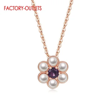 

Flower Shape Crystal Pearl Pendant Necklace For Women Girls Genuine 925 Sterling Silver Collar Luxury Brand Jewelry New Mode