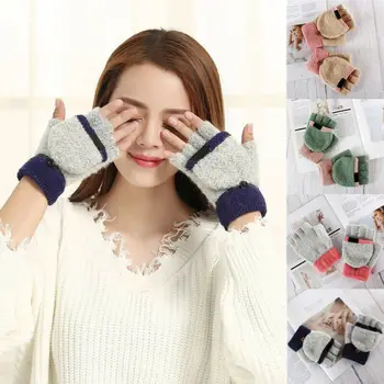 

Plus Thick Female Fingerless Gloves Women Winter Warm Exposed Finger Mittens Knitted Warm Flip Half Finger Glove