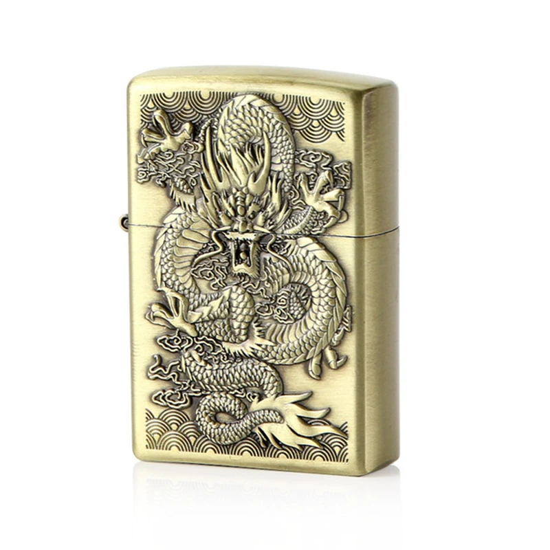 

1PC Dragon Emboss Metal Refillable Kerosene Lighter Windproof Smoking Vintage Style Wheel Oil Lighter Gadgets For Man