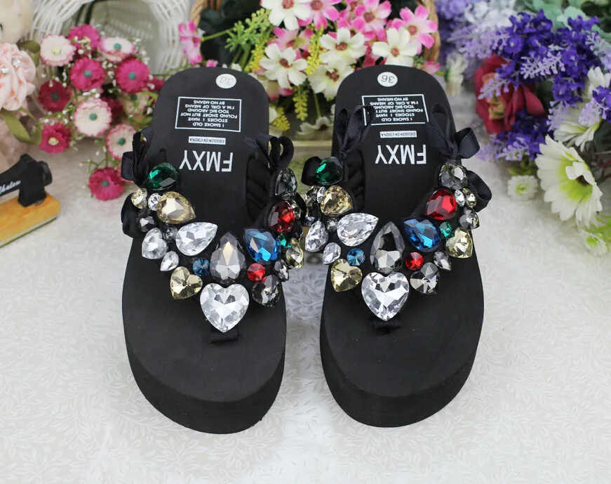 2019 Summer New Luxury Crystal Slippers Bow Womens Cheap Black Platform High Heels Comfortable Flip Flops Shoes Discount53