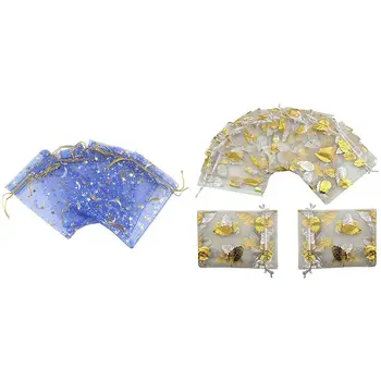 

100Pcs 9X12cm Organza Jewelry Gift Pouch (Silver-Gold Leaf) & 100Pcs Stars and Moon Organza Pouch (Royal Blue)