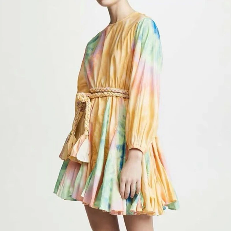 

Women Retro A-Line Dress Round Neck Long Lantern Sleeve Floral Gradient Loose Casual Beach Dresses