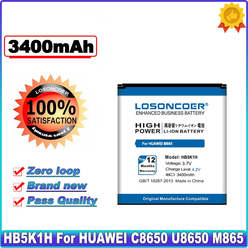 

LOSONCOER 3400mAh HB5K1H For Huawei Ascend ll 2 M865 Sonic U8650 C8650 U8850 U8660 U8652 U8651 Phone Batterie Batterij Bateria