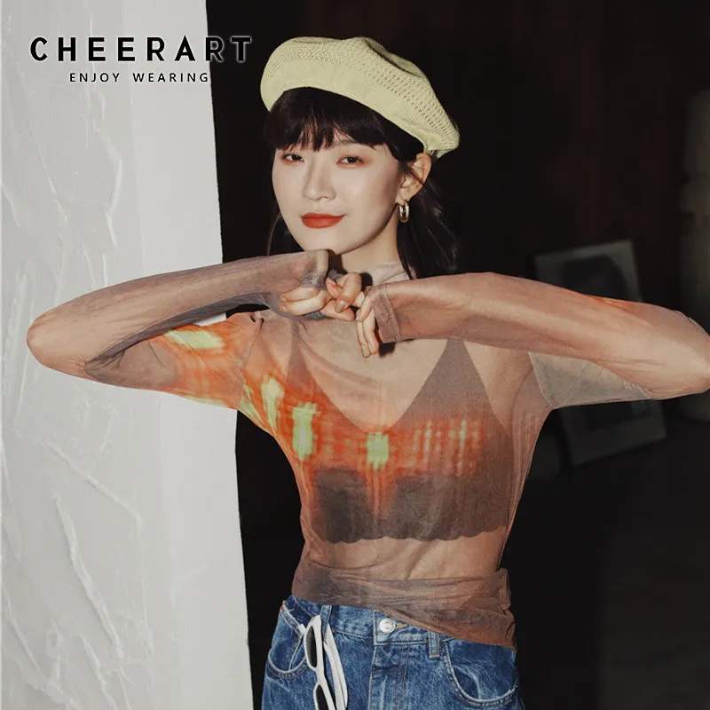 Женская прозрачная водолазка CHEERART базовая футболка с неоновым принтом лето 2020 |