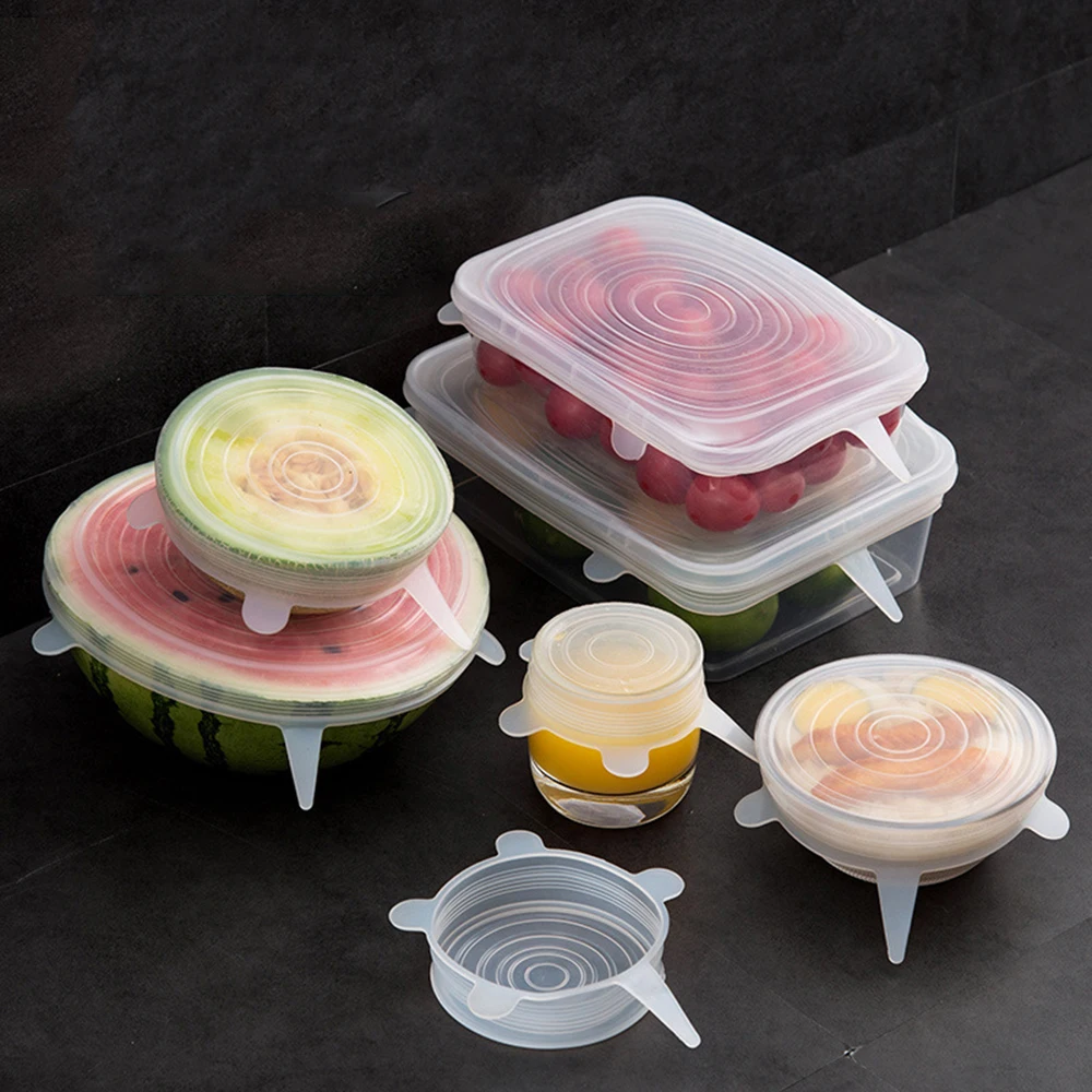 6 Pcs/lot Reusable Silicone Food Wrap Stretch Vacuum Seal Cover Saran Kitchen Organization Fresh Keeping Sealed Lids | Дом и сад
