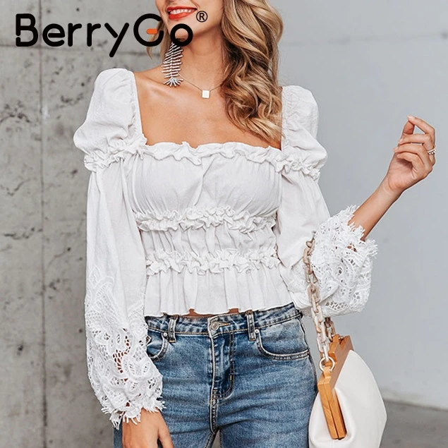 BerryGo винтажная белая хлопковая блузка Женская Осенняя блузка с рукавами-фонариками и вырезами кружевные короткие блузки с оборками для дам