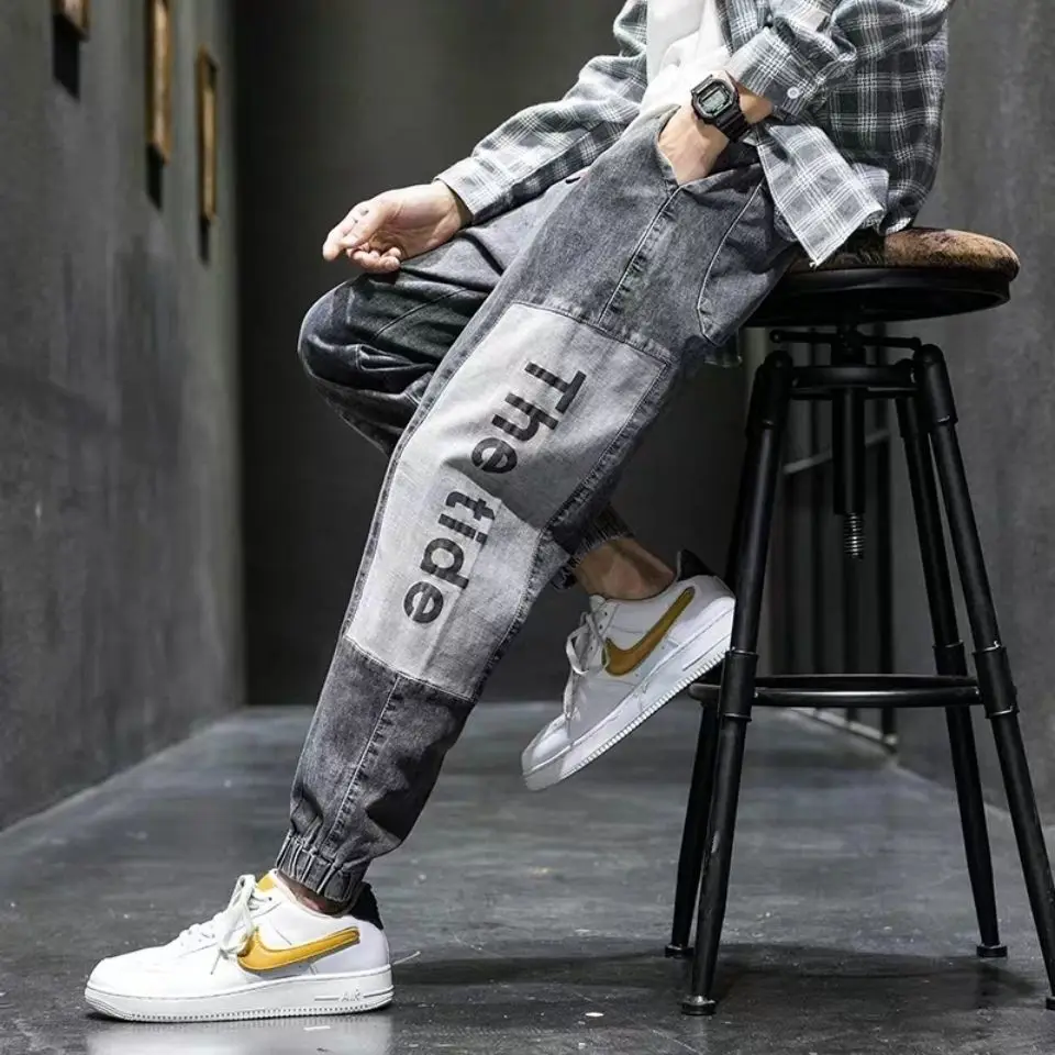 

Mens Jeans Spring Summer Cotton Letters Elastic Waist Drawstring Cropped Trousers Large Size Loose All-Match Denim Harem Pants