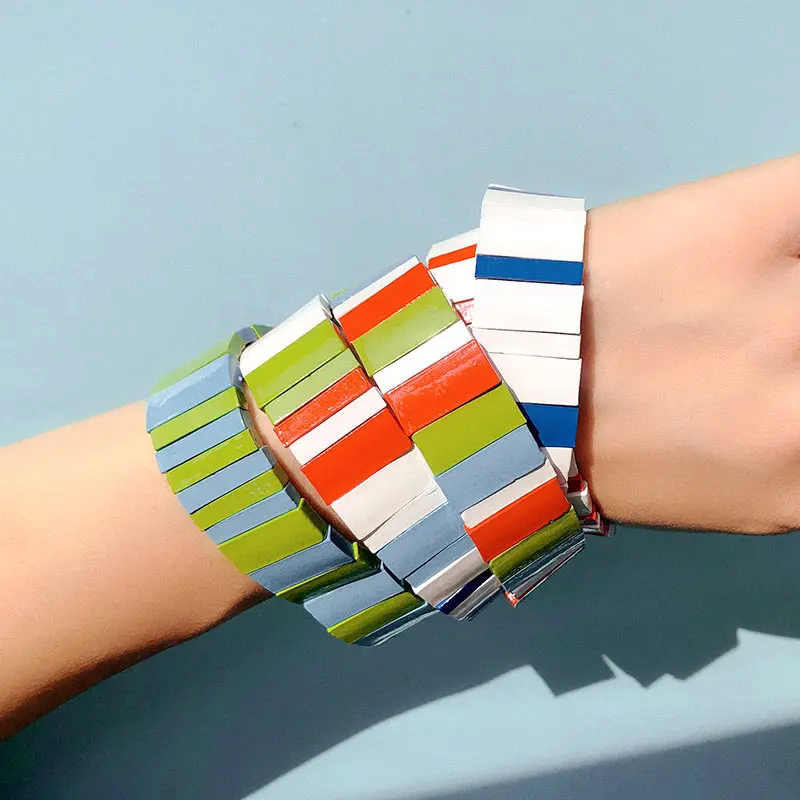 

Flatfoosie Fashion Handmade Painted Enamel Bracelets for Women Tile Stacking Beads Elastic Bracelet Friendship Bracelets Jewelry