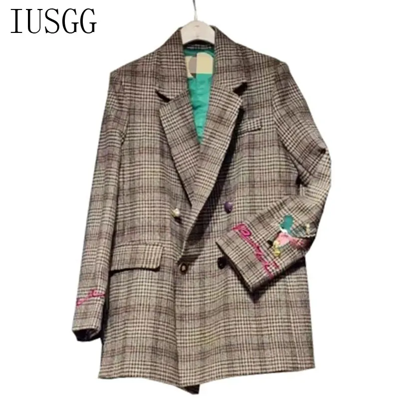 

2019 Women Lattice Blazers Suit Ladies Autumn Plaid Embroidery Loose Retro Woolen Suit Winter Basic Jacket Office Lady Suit