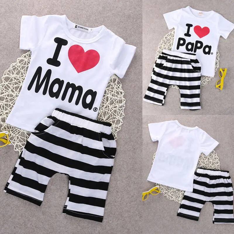 Футболка с надписью «I love Papa Mama» для новорожденных и маленьких мальчиков и девочек, семейная с буквами «сердце»+ серые штаны в полоску, Пижамный костюм для детей 0-24 месяцев