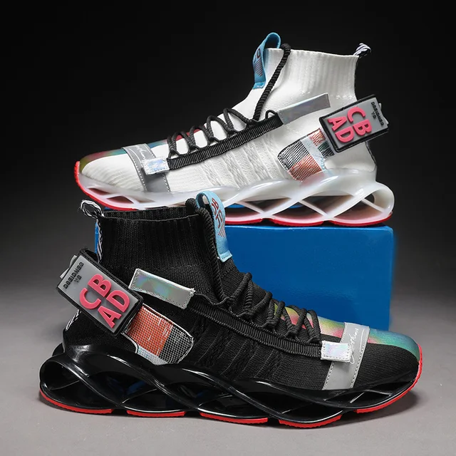 High Top Running Shoes for Men Blade Sports Shoes Breathable Cushioning Sneakers Trainers Fitness Jogging Shoes Zapatillas 1928Black White