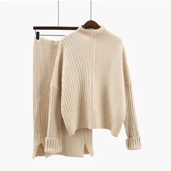 

2020 mujeres traje de punto de lana suave cálido primavera otoño suéter y falda Femenina 2 piezas conjunto Beige, azul, c