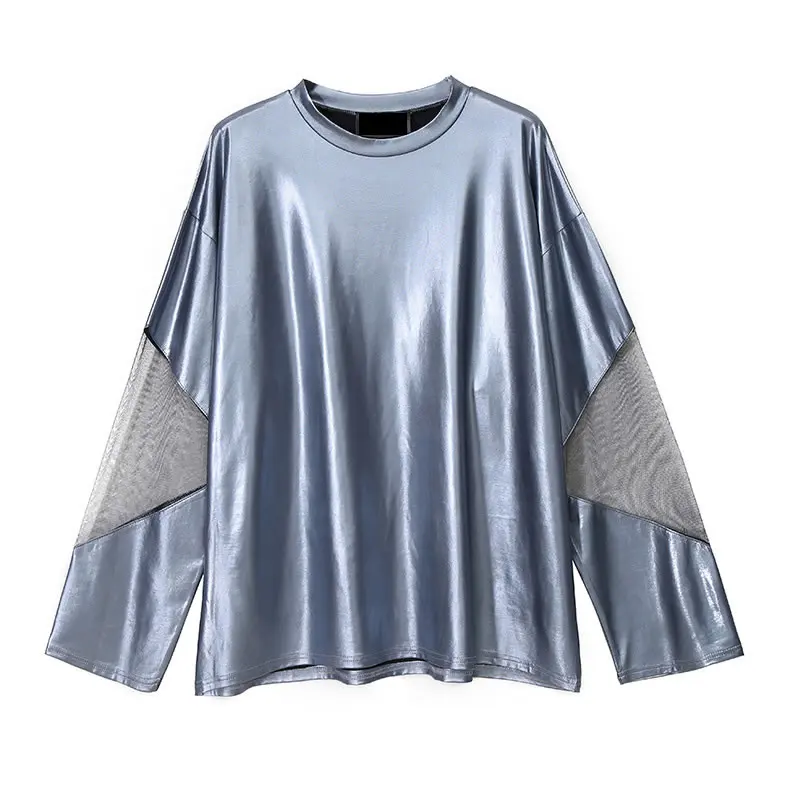 XITAO, Лоскутная черная футболка из искусственной сетки, женская одежда, модная Свободная Повседневная футболка размера плюс, женская одежда DMY1564 - Цвет: blue   DMY1564