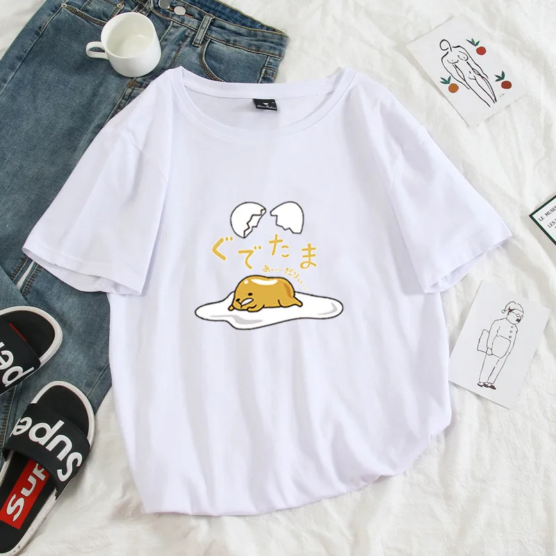 Белый Японское аниме яичный желток ленивый милый Gudetama ленивый желток Kawaii Футболка женская хлопковая Футболка с мультяшным принтом Harajuku женская футболка - Цвет: Белый