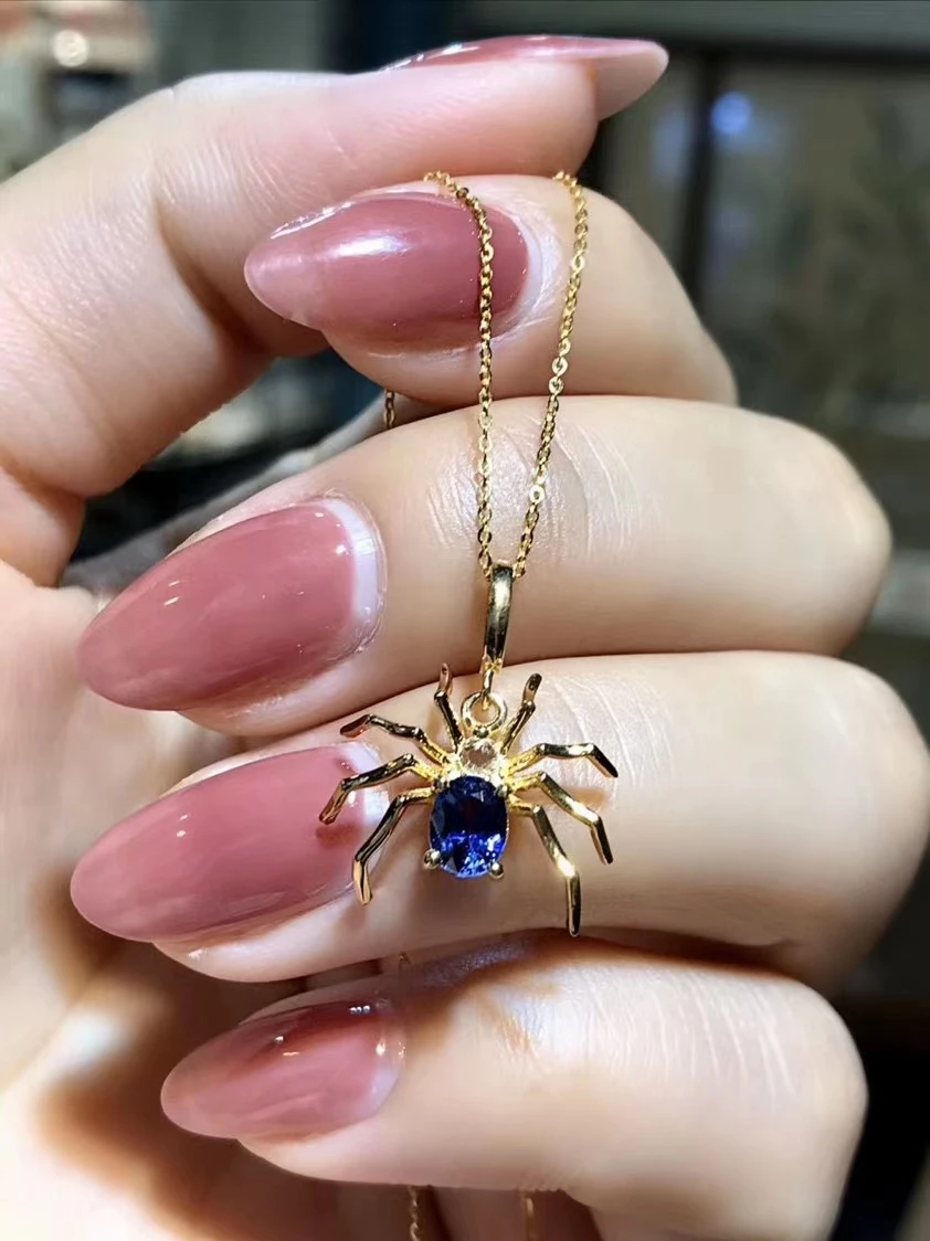 spider type natural blue sapphire gemstone necklace for women jewelry real 925 silver gold plated natural gemparty gift