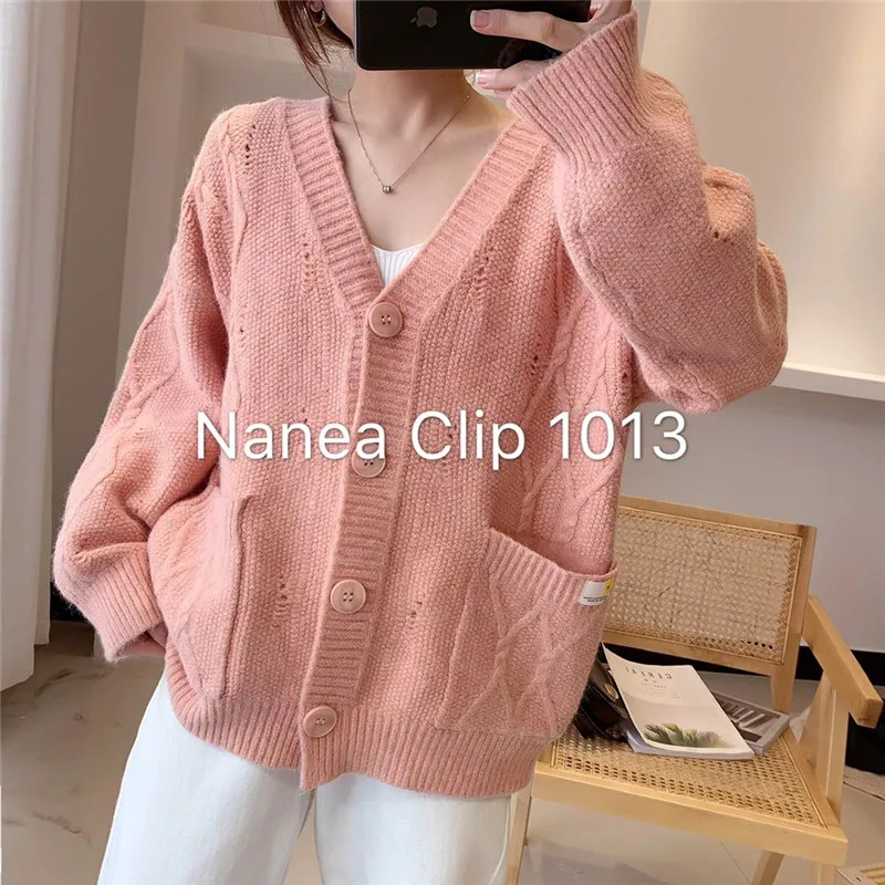

Casual Knit Sweaters Hole Solid Cardigans Pockets Buttons Twist Women Long Sleeve Korean Sweaters Plus Size Open Stitch Tops