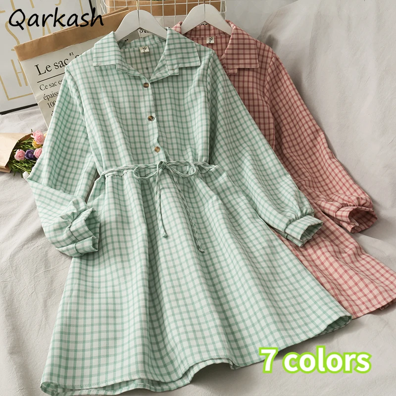 

Long Sleeve Dress Women Spring Turn Down Collar All-match Plaid Simple Girls Cute Vintage A-line Stylish Holiday Popular Trendy