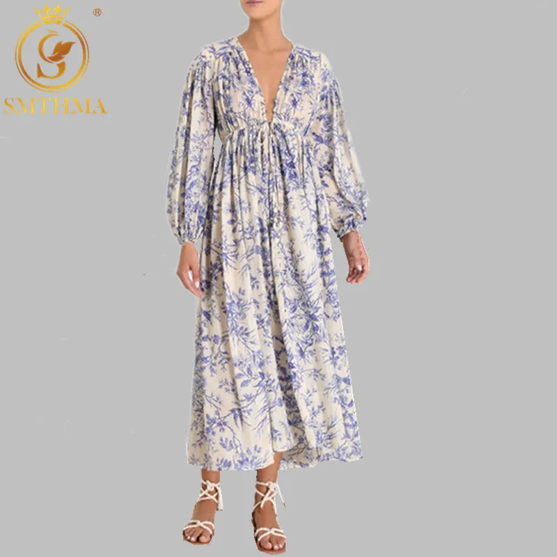

High Quality Luxury Design Runway Dress Autumn blue floral print Sexy V-neck long dress