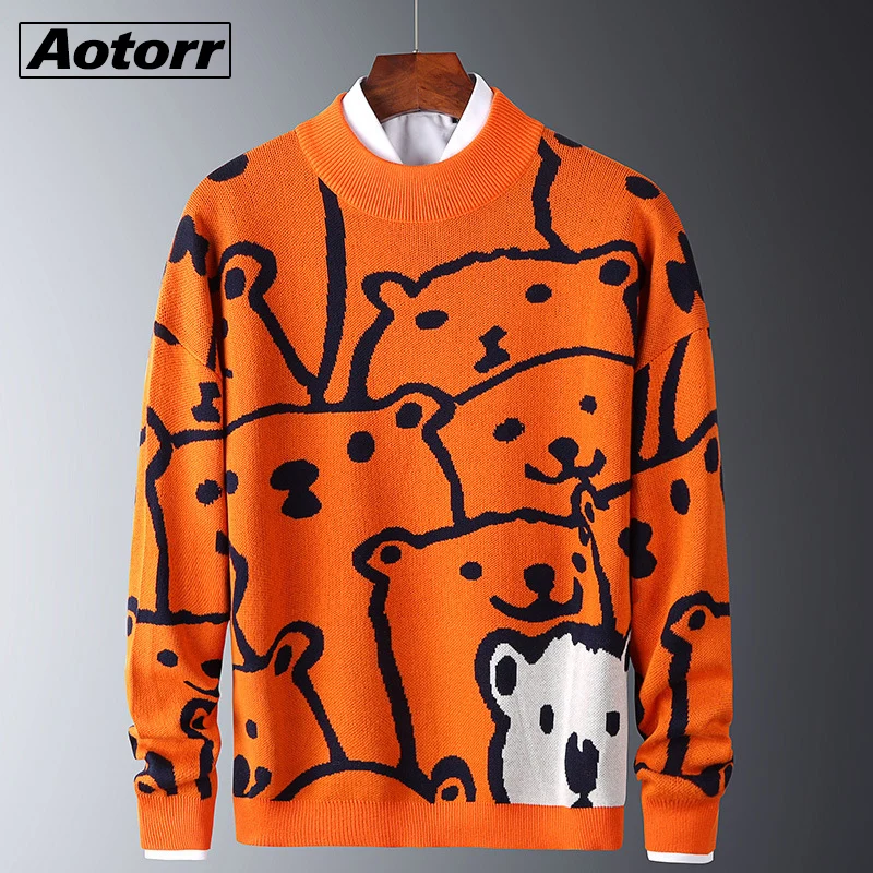 Suéteres informales de manga larga para hombre, suéteres de cuello redondo con patrón de oso Polar, cálidos, de algodón, naranja, a la moda, Primavera