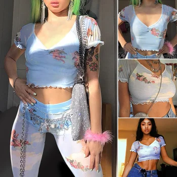 

Sexy Fashion Beach Angel Print Mesh Crop Top Slim Summer Pleated Short Sleeve V Neck Women T-shirt Casual Elastic