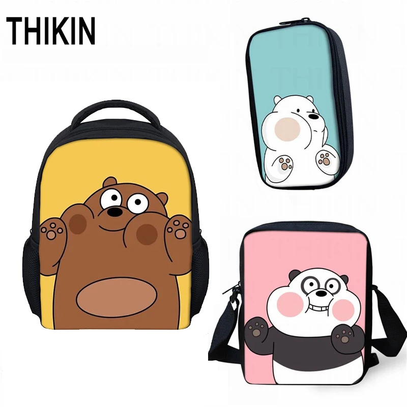 

THIKIN Cute We Bare Bears Small Children School Bag 3pcs/set Grizzly Panda Ice Bear Best Gift Kindergarten Book Bag Mini Mochila