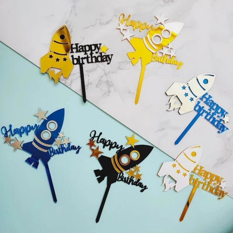 1pcs Double Layers Acrylic Space Theme Rocket Happy Birthday Cake Topper Kids Birthday Party Decoration Supplies Boy Favors