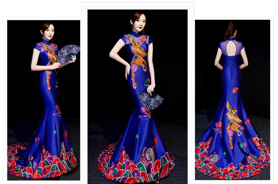 Синее китайское традиционное платье современный Ципао свадебное Cheongsam длинное вечернее платье вечерние сексуальные спинки vestido