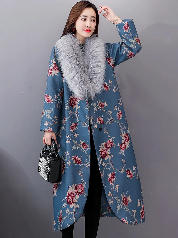 

China Ethnic-Style Long Cotton-padded Jacket Overcoat Women's 2018 Winter New Style Floral Print V-neck Nagymaros Collar Clip Co