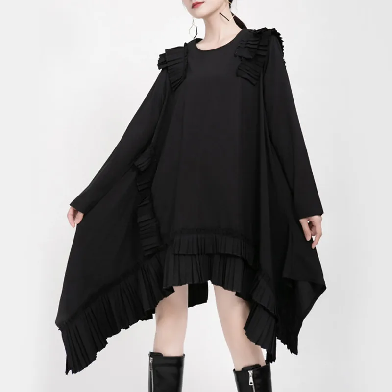 MEVGOHOT 2019 New Fashion Irregularity Ruffle Pleated Dress Black Autumn Winter Retro Long Sleeve Oversize Fold HD3111 |