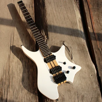

In Stock Maple Neck Through Ash Body Grote Headless Electric Guitar, White color guitarra, Rail Dual Pickup, Black Hardware