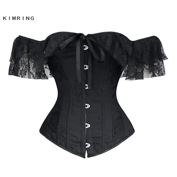 

Kimring Women's Victorian Gothic Satin Off Shoulder Floral Lace Waist Cincher Plastic Boned Overbust Corset