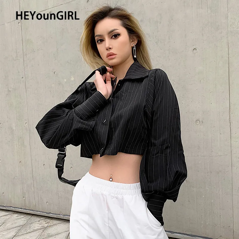 HEYounGIRL, повседневный костюм в полоску, футболка, женская черная Корейская футболка с отложным воротником, топы, футболки, модные короткие футболки с длинным рукавом