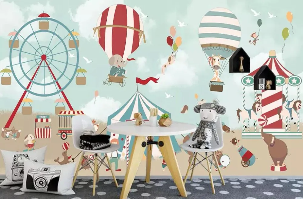 Diantu Mural wallpaper cartoon hot air balloon circus background children room boy girl bedroom background mural 3d wallpaper