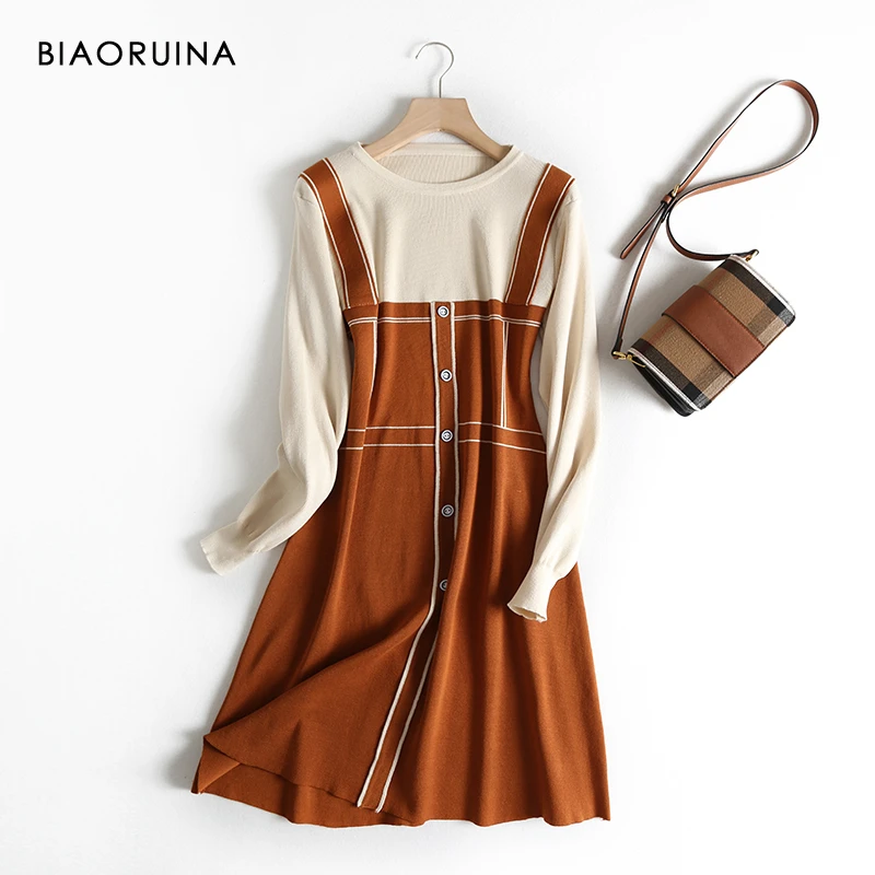 

BIAORUINA Women's Hit Color Knit Patchwork A-line Dress O-neck Female Preppy Style Elegant Dress Vestidos One Size Women Fashion