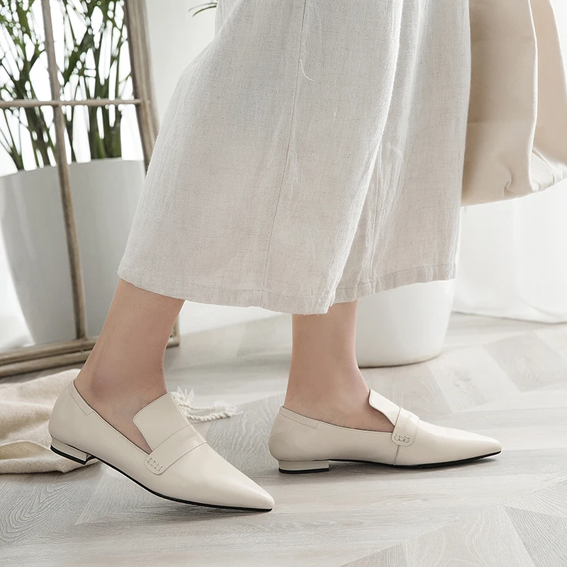 Luxury brand point toe shoes woman genuine leather loafers casual flat shoes women zapatos de mujer - Цвет: creamy-white