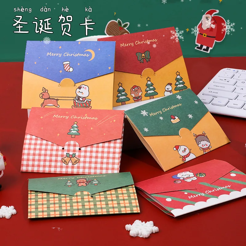 Cartoon Merry Christmas Postcard Christmas Tree Snowman Elk Greeting Cards Foldable Happy New Year Best Wishes Handmade Envelope