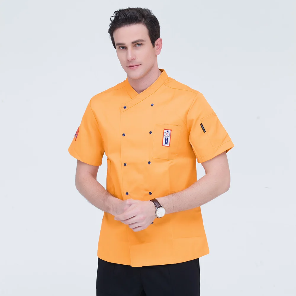 M-4XL Short sleeves high quality men and women Double-breasted Food Service chef uniform Jackets restaurant chef coats 7-colors