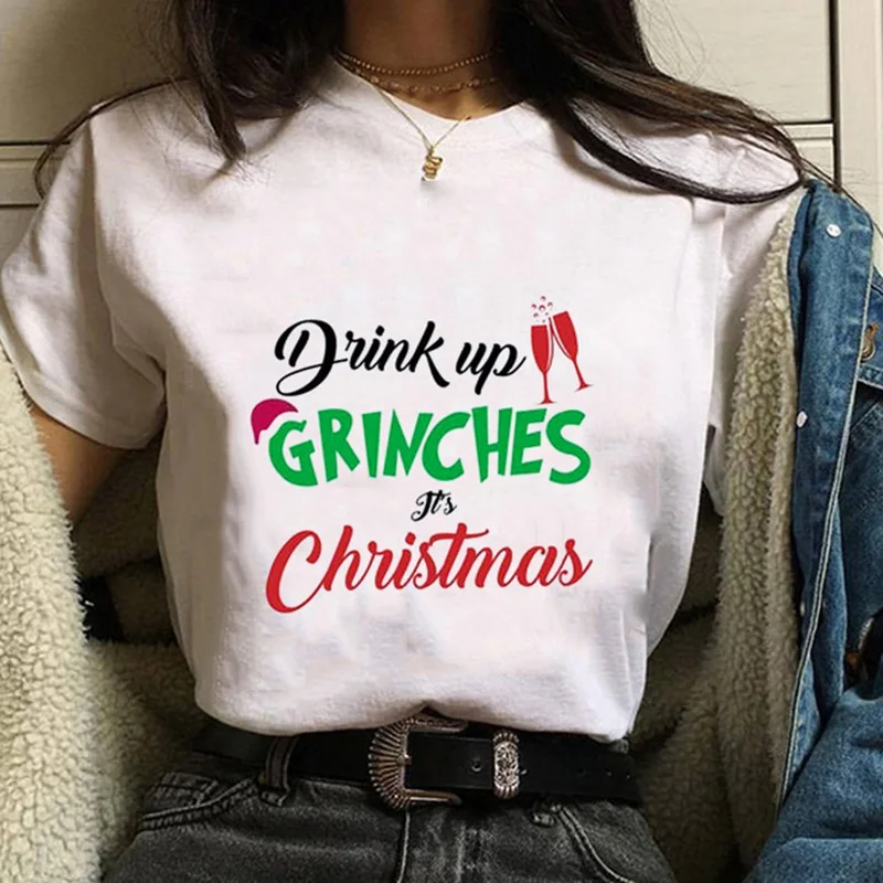 Футболка с надписью DRINK UP GRINCHES, Женская рождественская футболка с коротким рукавом и круглым вырезом, Женская Повседневная Уличная одежда, пуловер Harajuku, топы