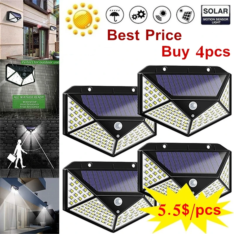100 LED Solar Lights Outdoor Lighting Lamp Powered Sunlight Waterproof PIR Motion Sensor Street LED Light for Garden Decoration