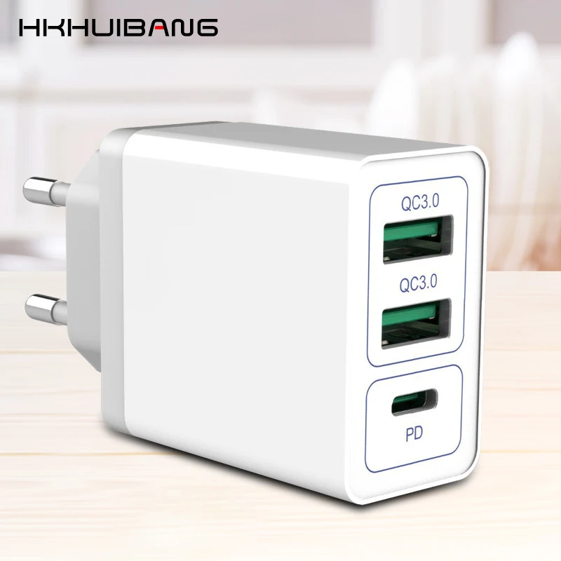 

HKHUIBANG Dual Quick Charge QC3.0 USB Charger USB-C PD Charger For iPhone Huawei Xiaomi Samsung Phone Fast Charging Wall Charger