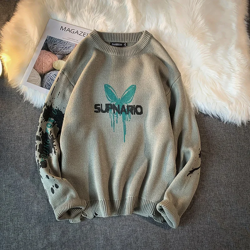 

Butterfly print men's round neck pullover sweater new 2021