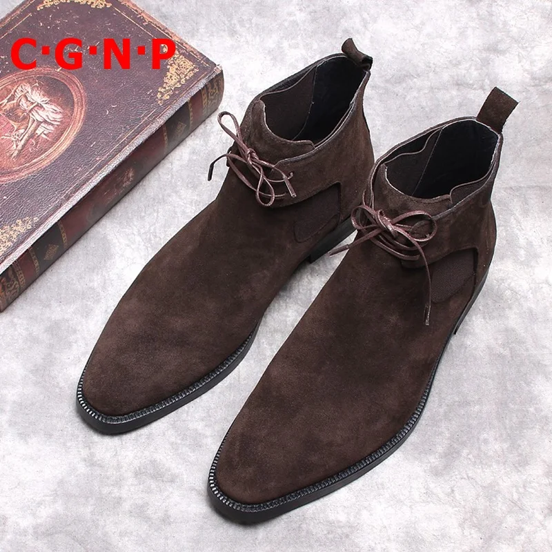 

CÂ·GÂ·NÂ·P Hot Fashion Cow Suede Boots Men British Style Winter High-top Casual Shoes Brand Leather Lace-up Ankle Boots