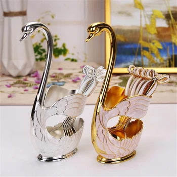 

Zinc Alloy Swan Base Fork Spoon Stand Holder Fruit Dessert Fork Dinnerware Set Coffee Spoon Cake Tools Tableware Kitchen Utensil