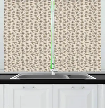 

Eggshell Taupe Vintage Kitchen Curtains Chamomiles Pattern and Berries for Kitchen Cafe Decor